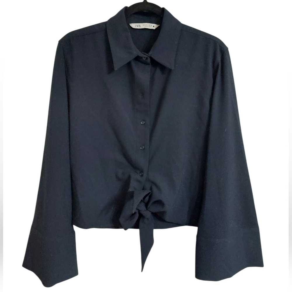 Zara Women's Dark Button Down Shirt with Tie Front